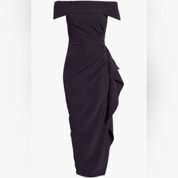 Vince Camuto Off-The-Shoulder Ruffle Gown Size 4 Navy - Picture 3 of 13